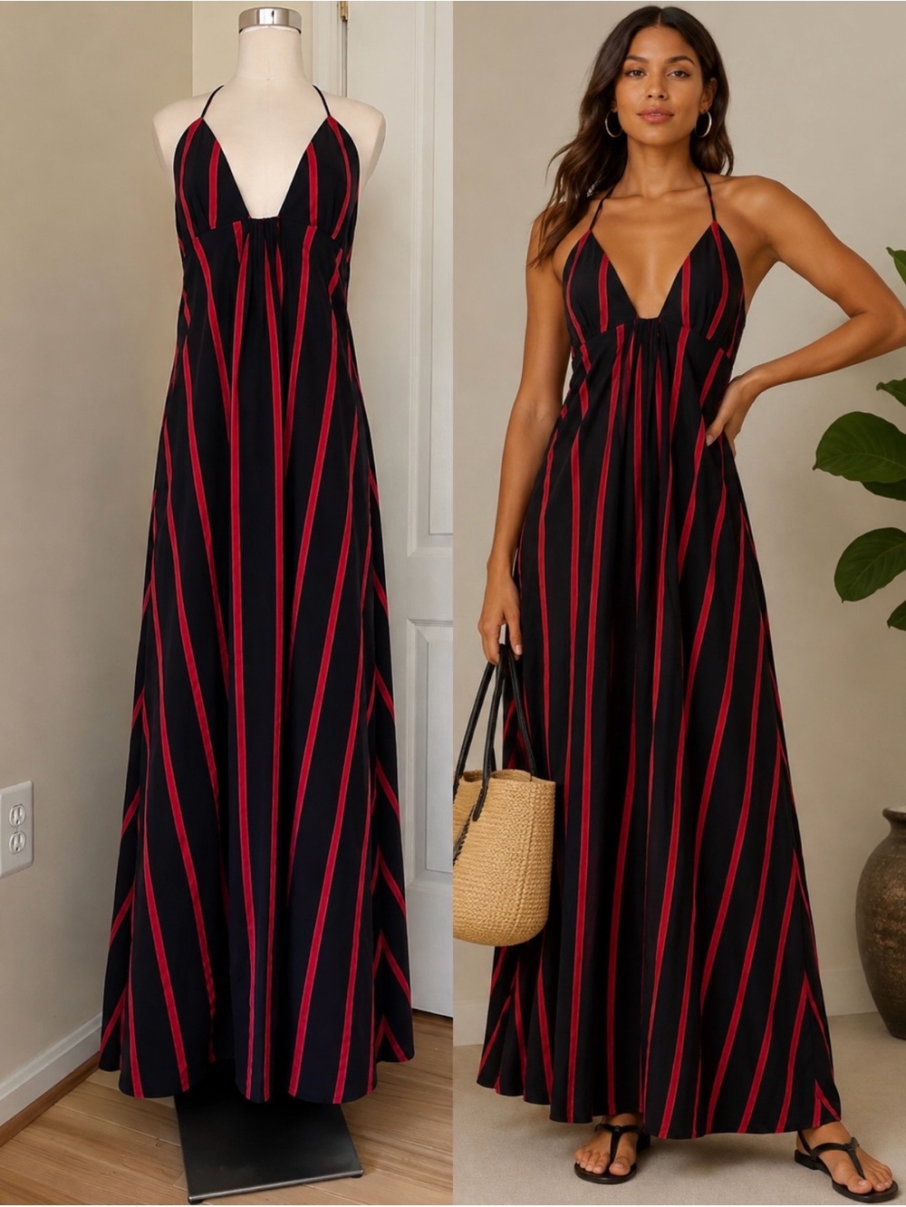 Weili Zheng Backless Black Maxi Dress with Red Stripes